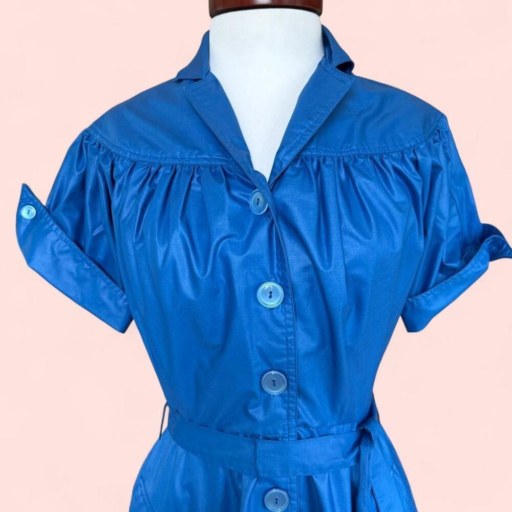 Vintage Cobalt‎ Blue Puff Sleeve Shirt Dress with Belt - S - Prairiecore Cottage - Picture 2 of 8